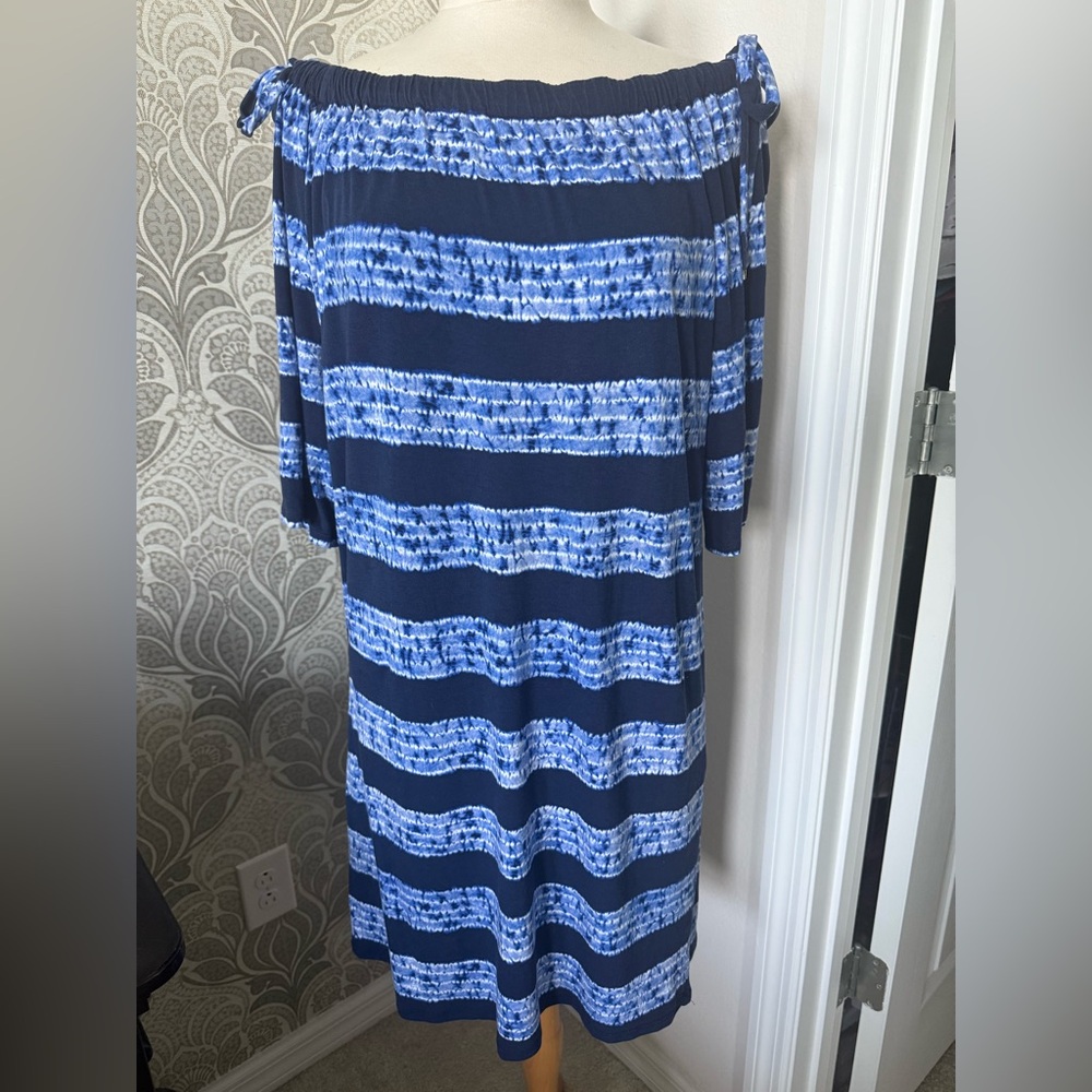 Michael Kors Blue & White Off-Shoulder Dress shoulder tie accents